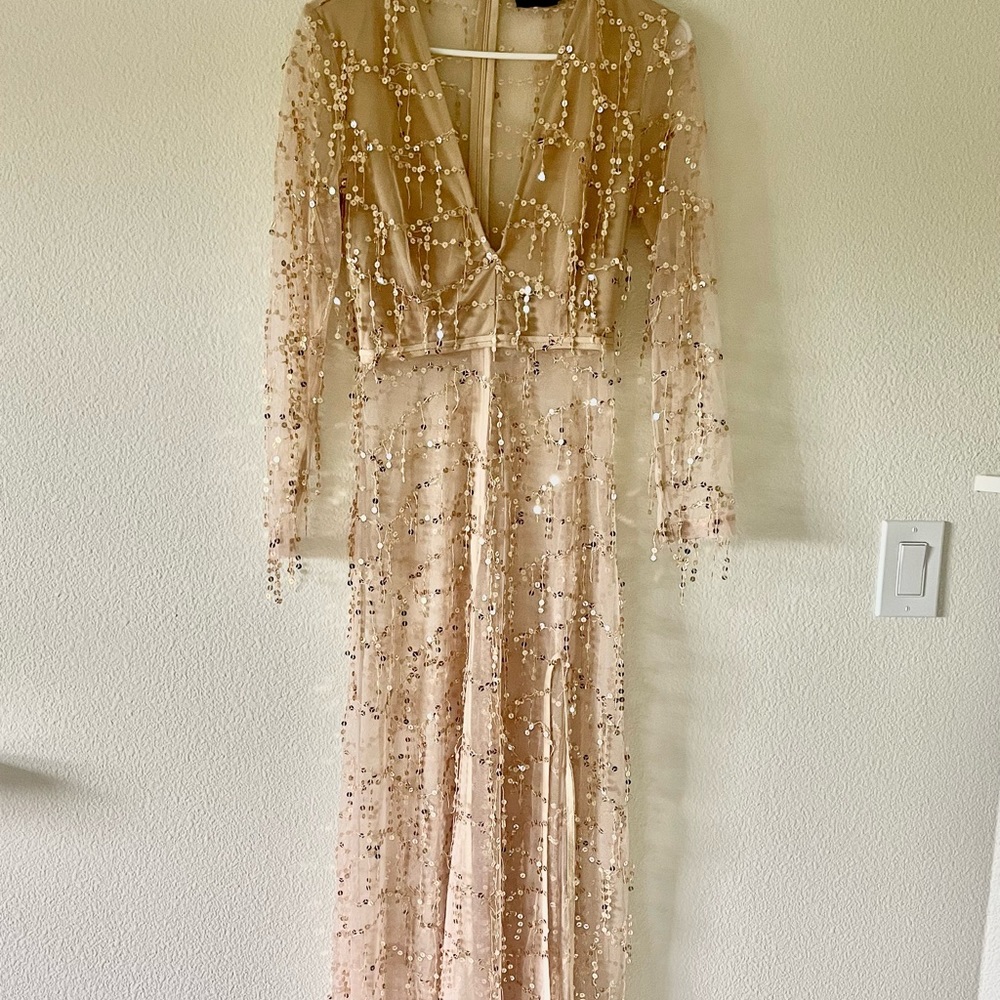 PLT gold sheer sequin maxi dress size 4